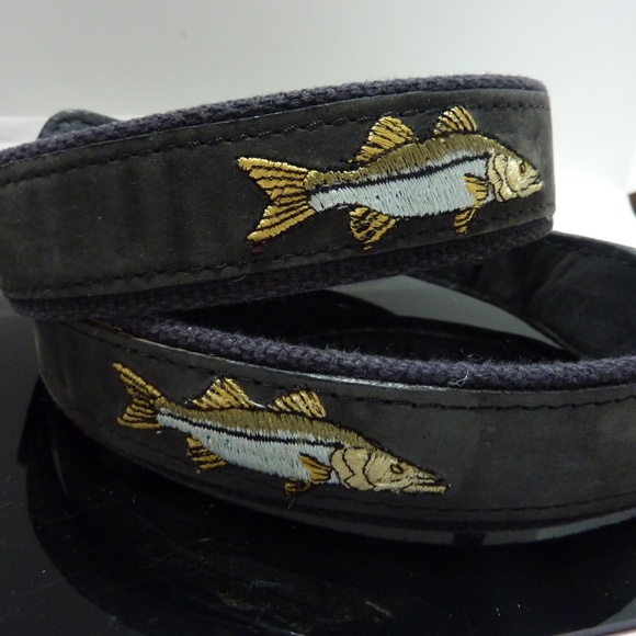 Zeppelin Belt Mens 32 BLUE Leather Canvas Brass Buckle Trout Fish Made USA - Picture 3 of 4